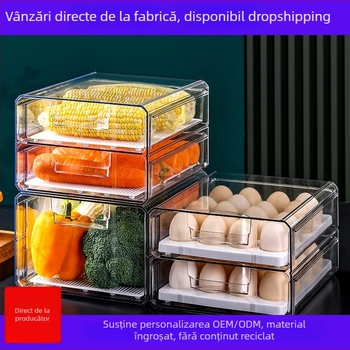 Cutie de depozitare pentru frigider, cu drenaj, stil japonez, din PET, pentru ouă, fructe și legume — stivabilă, menține prospețimea
