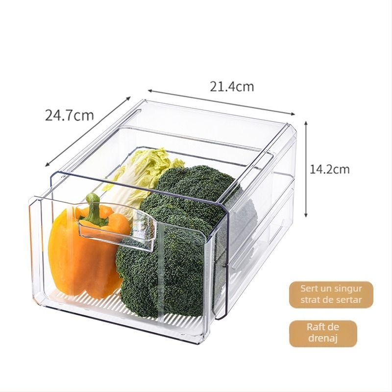 Cutie de depozitare pentru frigider, cu drenaj, stil japonez, din PET, pentru ouă, fructe și legume — stivabilă, menține prospețimea