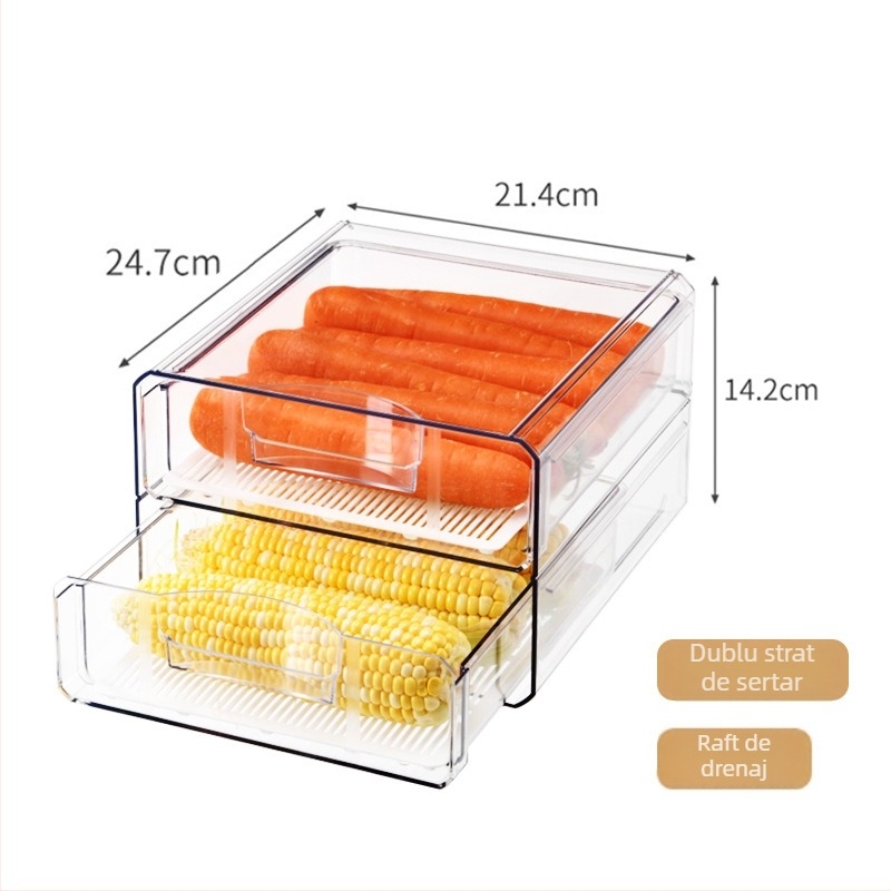 Cutie de depozitare pentru frigider, cu drenaj, stil japonez, din PET, pentru ouă, fructe și legume — stivabilă, menține prospețimea