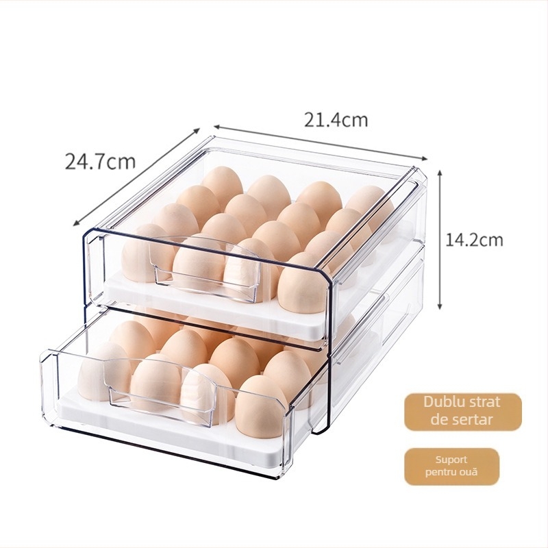 Cutie de depozitare pentru frigider, cu drenaj, stil japonez, din PET, pentru ouă, fructe și legume — stivabilă, menține prospețimea