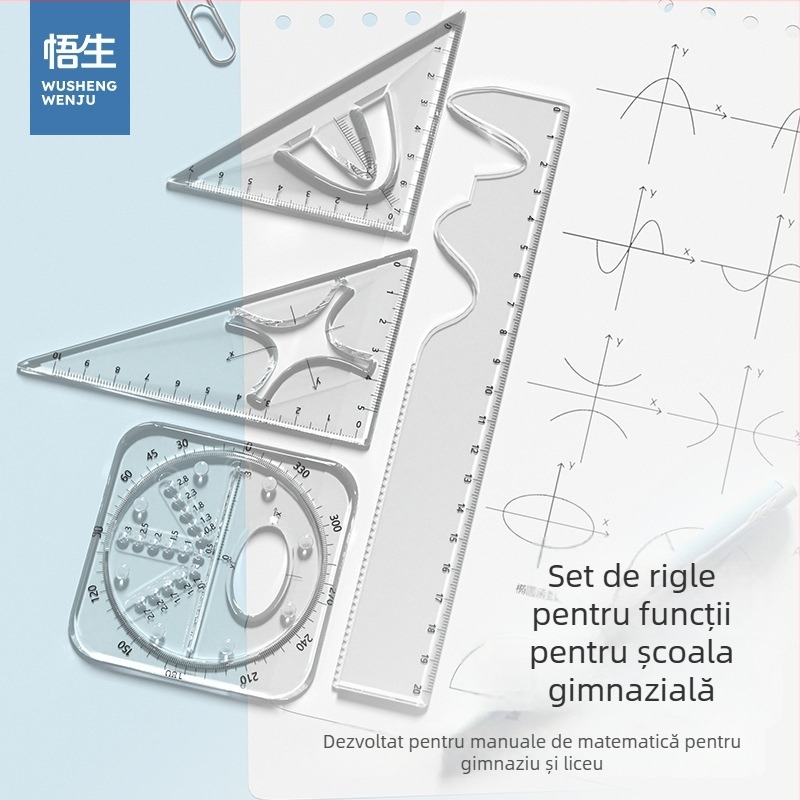 Wu Sheng Set funcțional de rigle pentru elevi – riglă geometrică multifuncțională, din plastic