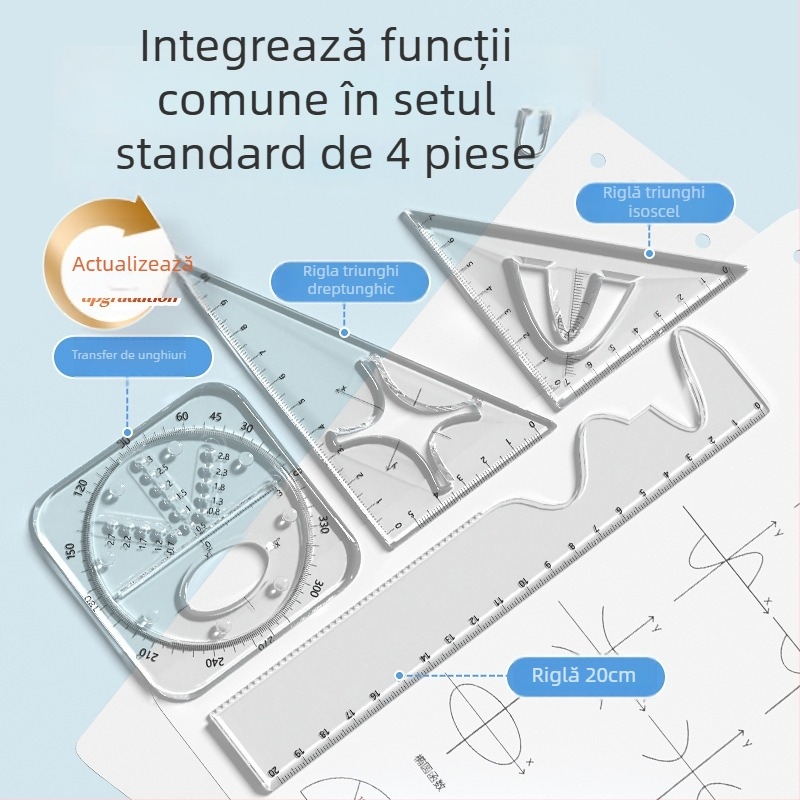 Wu Sheng Set funcțional de rigle pentru elevi – riglă geometrică multifuncțională, din plastic