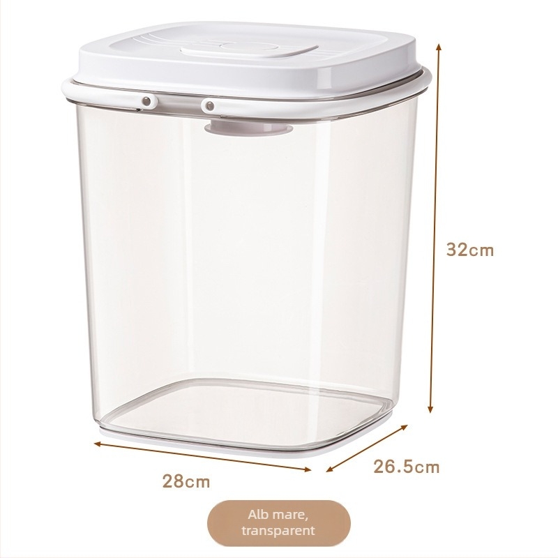 Recipient pentru depozitarea orezului, corp PET transparent și capac ABS; etanșare pentru protecție împotriva umezelii și insectelor; capacitate peste 10 L; design portabil