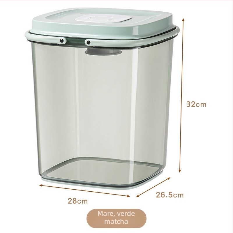 Recipient pentru depozitarea orezului, corp PET transparent și capac ABS; etanșare pentru protecție împotriva umezelii și insectelor; capacitate peste 10 L; design portabil