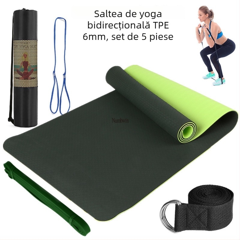 Saltea de yoga - Set de cinci piese cu bandă de întindere, latex, TPE, 6 mm