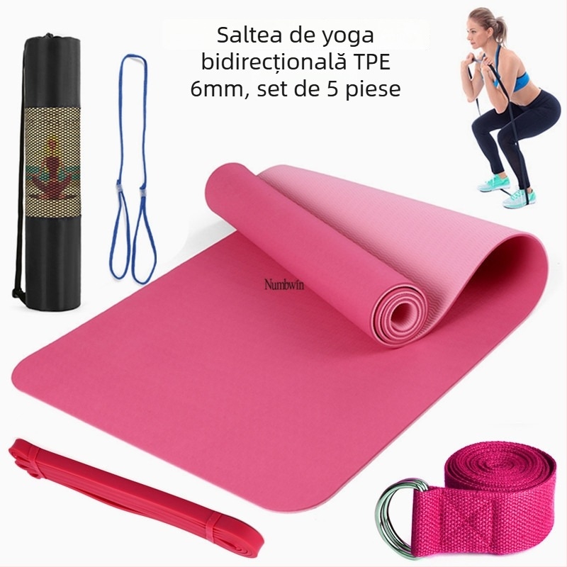 Saltea de yoga - Set de cinci piese cu bandă de întindere, latex, TPE, 6 mm
