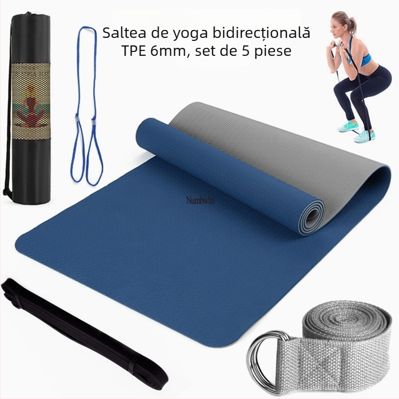 Saltea de yoga - Set de cinci piese cu bandă de întindere, latex, TPE, 6 mm