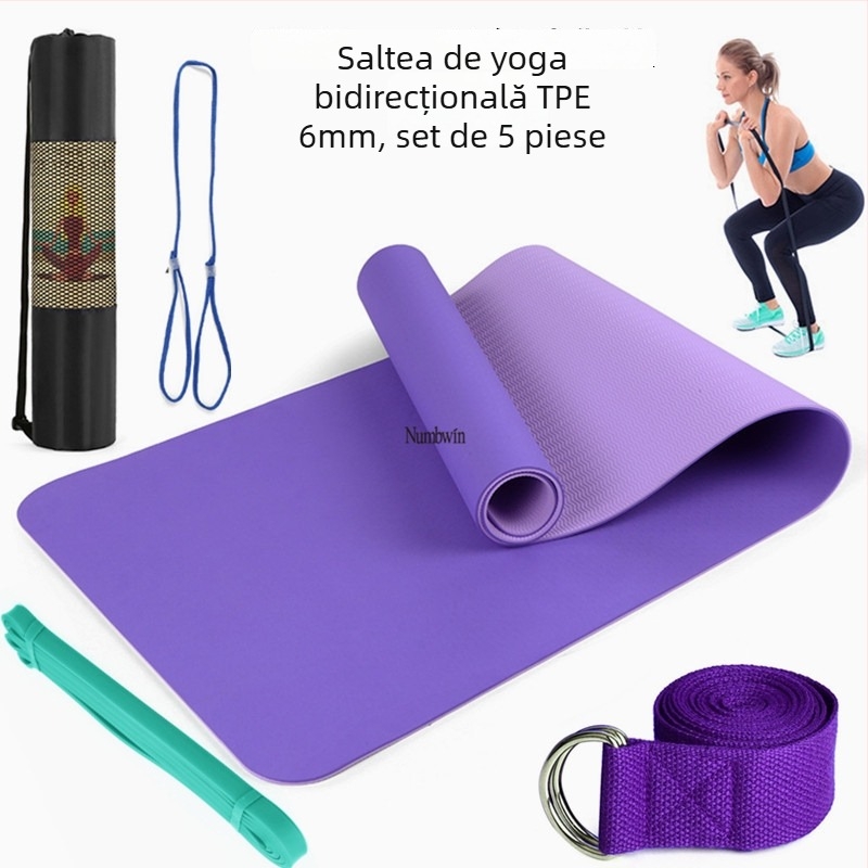 Saltea de yoga - Set de cinci piese cu bandă de întindere, latex, TPE, 6 mm