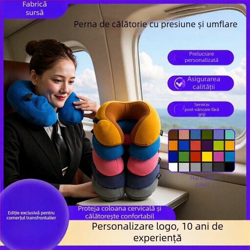 Perne de gât gonflabile în formă U, țesătură Crystal Velvet, respirabilă, proces OEM, umflare prin apăsare, greutate sub 0,5 kg