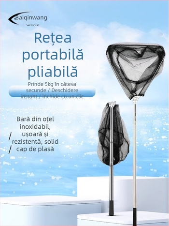 Plasă de pescuit pliabilă din oțel inoxidabil cu tijă telescopică; plasă solidă; ochi fin; capacitate de încărcare 300