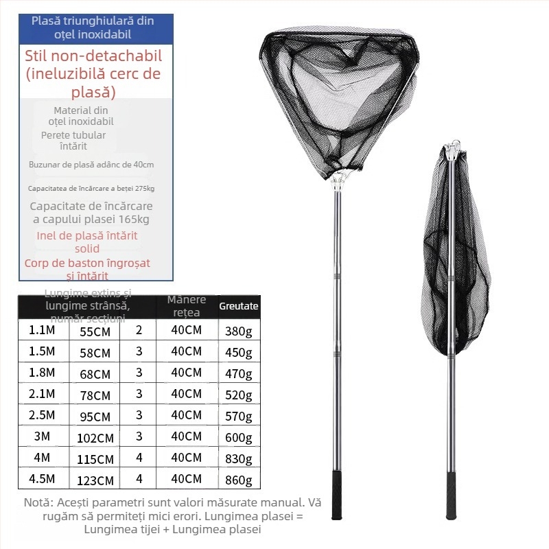 Plasă de pescuit pliabilă din oțel inoxidabil cu tijă telescopică; plasă solidă; ochi fin; capacitate de încărcare 300