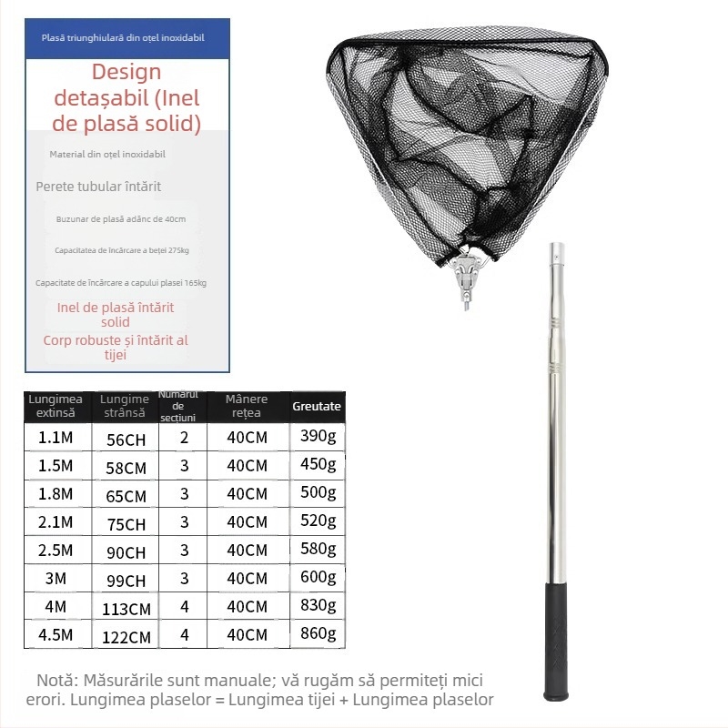Plasă de pescuit pliabilă din oțel inoxidabil cu tijă telescopică; plasă solidă; ochi fin; capacitate de încărcare 300
