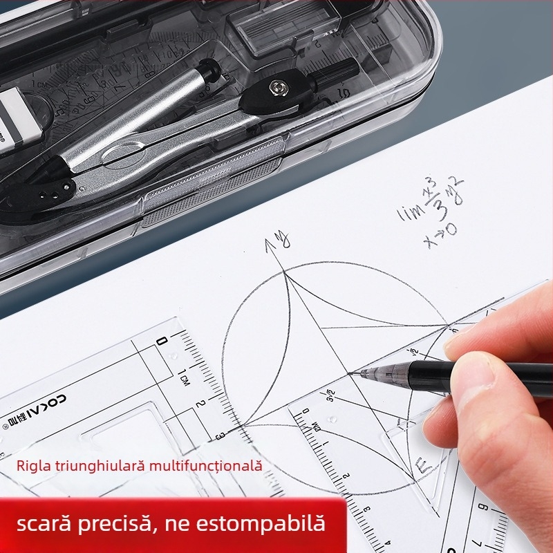 Set de instrumente de desen, 8 piese: compas, rigle, creioane automate și radieră – instrumente profesionale pentru studenți