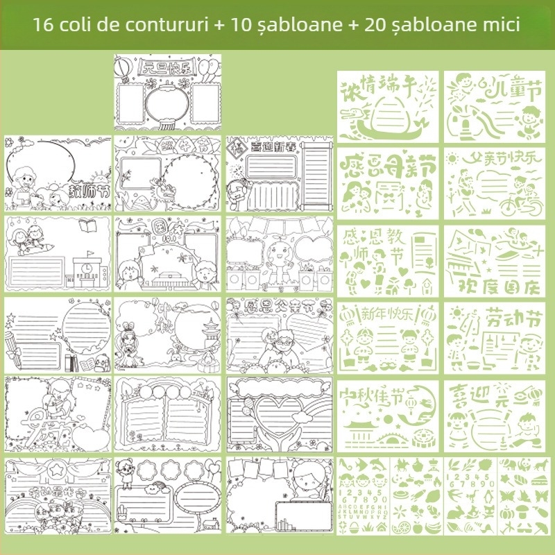 Set complet de șabloane decupate pentru afișe realizate de elevi din ciclul primar și gimnaziu, teme variate de sărbători, șabloane esențiale pentru trasarea liniilor