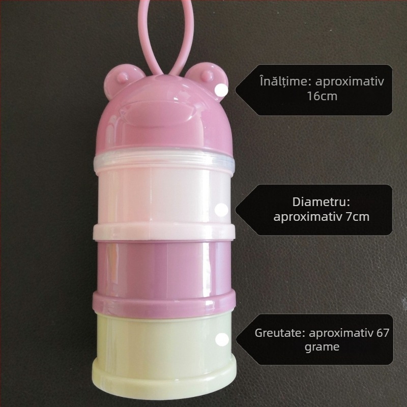 Cutie portabilă pentru lapte praf cu compartimente în mai multe niveluri, secțiuni independente, design desen animat — modele cu trei sau patru etaje pentru sugari 0–2 ani.