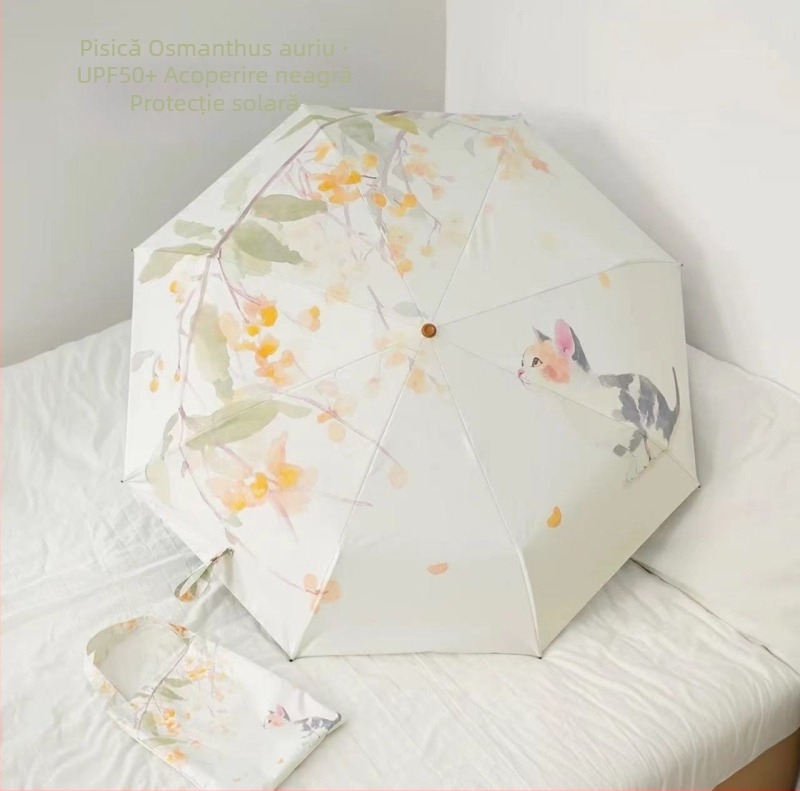 Umbrelă retro pentru femei, mâner curbat, pentru soare sau ploaie, protecție UV UPF 50+, schelet din oțel cu 8 spițe, țesătură poliester 190T, deschidere/închidere manuală, imprimare logo disponibil