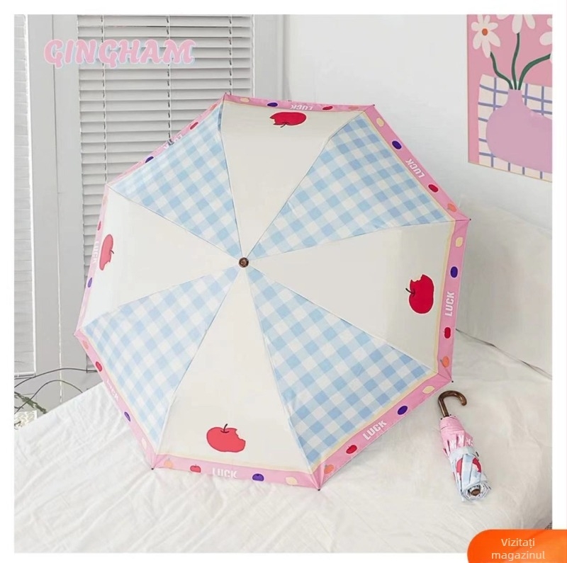 Umbrelă retro pentru femei, mâner curbat, pentru soare sau ploaie, protecție UV UPF 50+, schelet din oțel cu 8 spițe, țesătură poliester 190T, deschidere/închidere manuală, imprimare logo disponibil