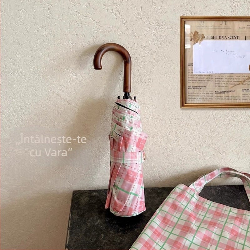 Umbrelă retro pentru femei, mâner curbat, pentru soare sau ploaie, protecție UV UPF 50+, schelet din oțel cu 8 spițe, țesătură poliester 190T, deschidere/închidere manuală, imprimare logo disponibil