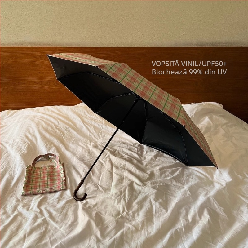 Umbrelă retro pentru femei, mâner curbat, pentru soare sau ploaie, protecție UV UPF 50+, schelet din oțel cu 8 spițe, țesătură poliester 190T, deschidere/închidere manuală, imprimare logo disponibil