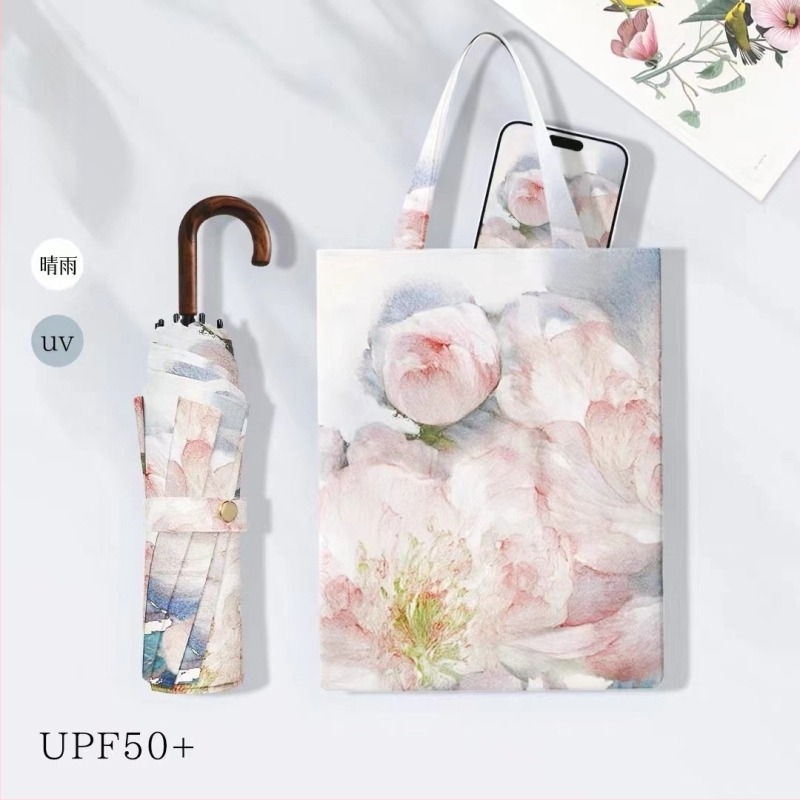 Umbrelă retro pentru femei, mâner curbat, pentru soare sau ploaie, protecție UV UPF 50+, schelet din oțel cu 8 spițe, țesătură poliester 190T, deschidere/închidere manuală, imprimare logo disponibil