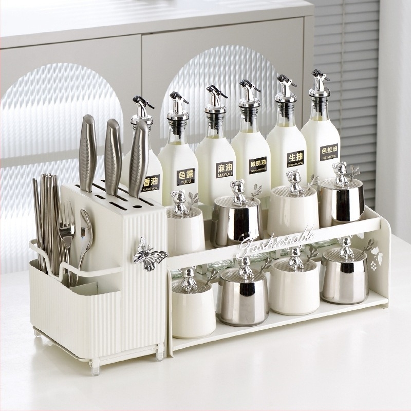 Set borcănele pentru condimente cu suport pentru cuțite și suport pentru bețișoare - ceramică - brand Dimensional Light - stil modern minimalist