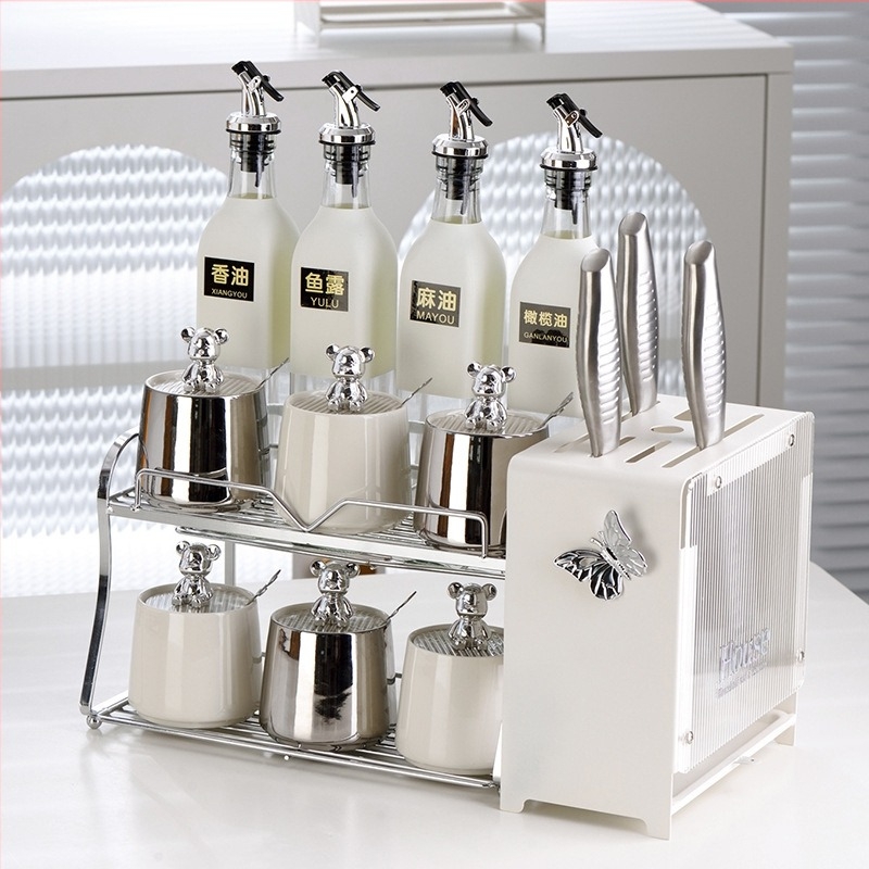 Set borcănele pentru condimente cu suport pentru cuțite și suport pentru bețișoare - ceramică - brand Dimensional Light - stil modern minimalist