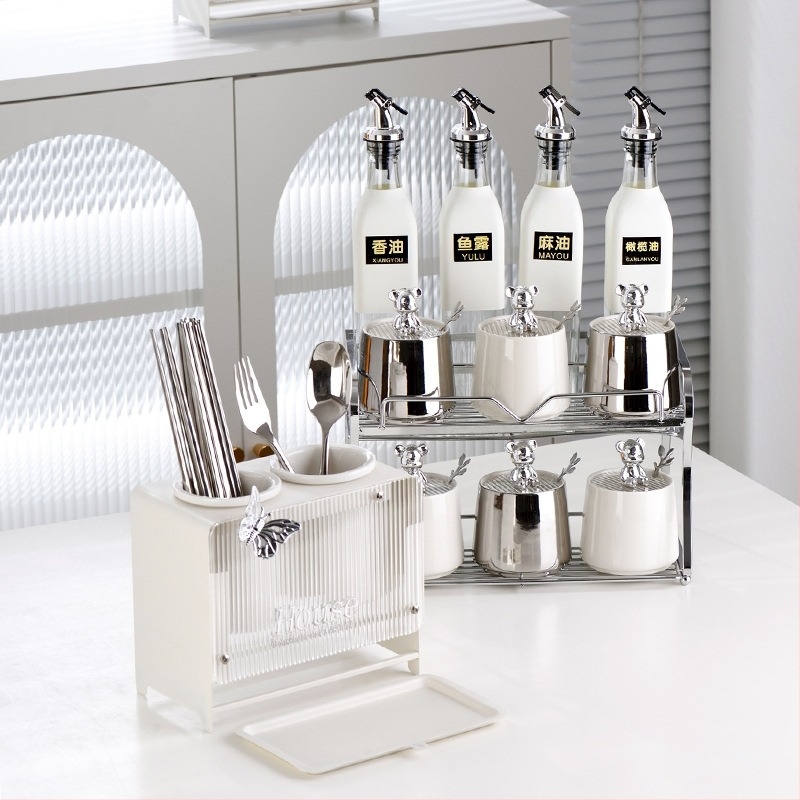 Set borcănele pentru condimente cu suport pentru cuțite și suport pentru bețișoare - ceramică - brand Dimensional Light - stil modern minimalist