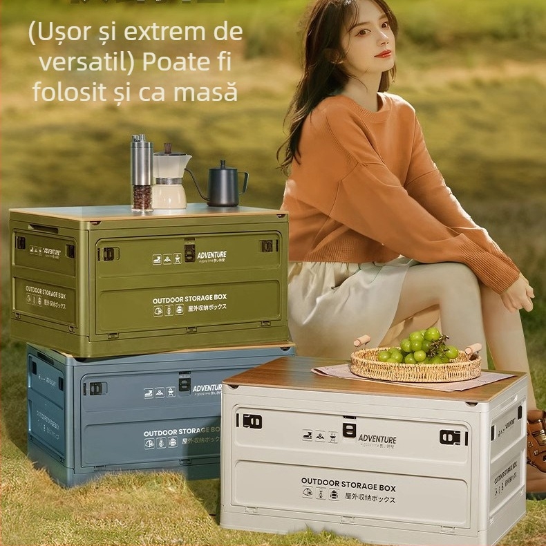 Cutie pliabilă pentru portbagajul mașinii, din plastic (PP/HIPS), capacitate 40-50 L, cu roți, pentru călătorii și camping