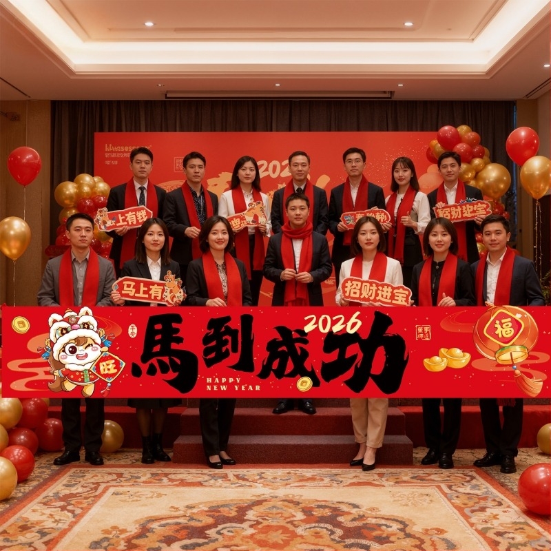 Banner pentru decor de Anul Nou 2026, cu tema Anul Calului, material pânză, accesorii pentru amenajarea scenei, stil festiv