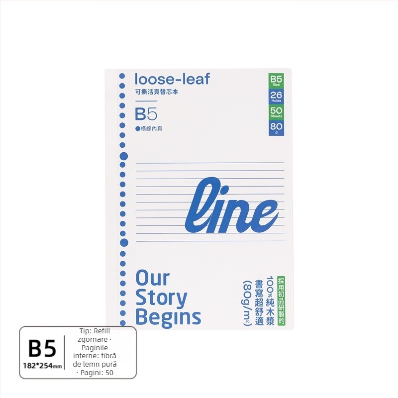 B5 caiet cu pagini detașabile, 50 de foi, perforare cu 26 găuri, hârtie offset dublă