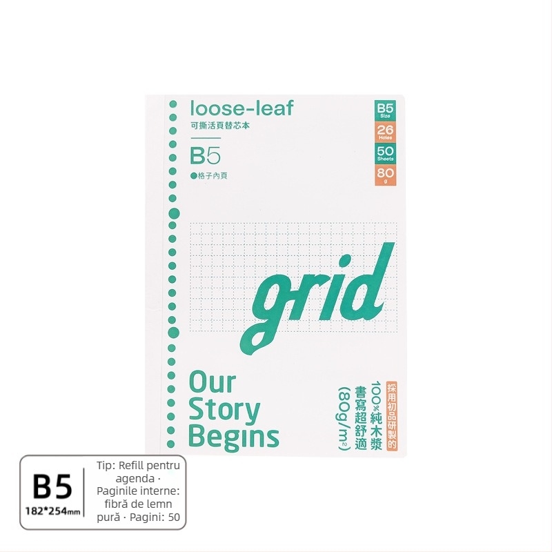 B5 caiet cu pagini detașabile, 50 de foi, perforare cu 26 găuri, hârtie offset dublă