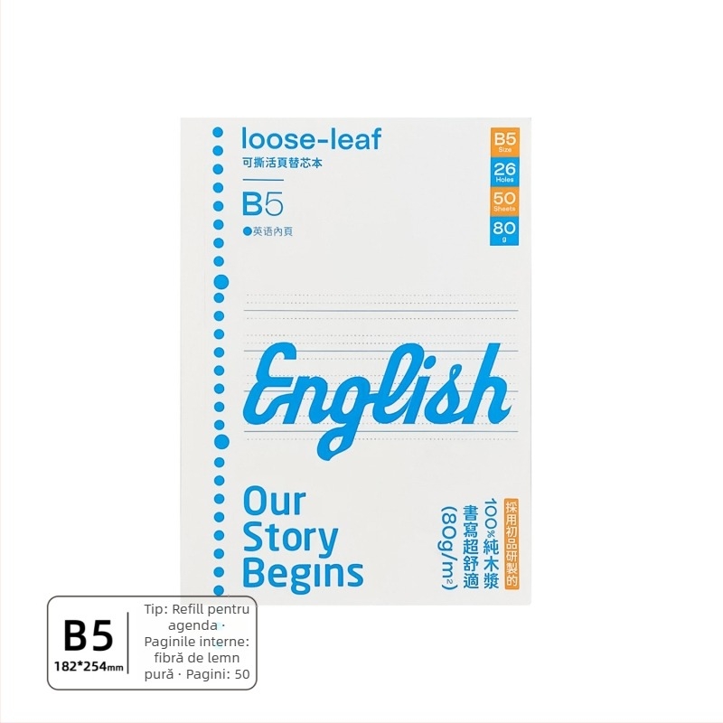 B5 caiet cu pagini detașabile, 50 de foi, perforare cu 26 găuri, hârtie offset dublă