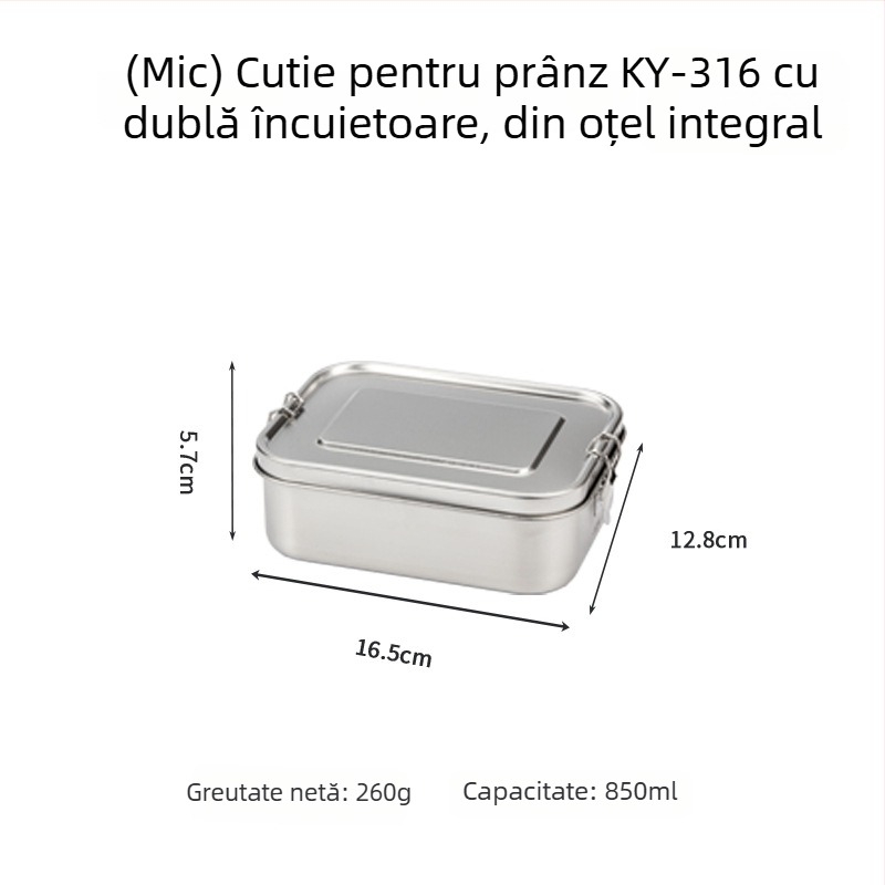 Cutie de prânz din oțel inoxidabil 316, dreptunghiulară, izolată, 800–1000 ml, cu un singur strat