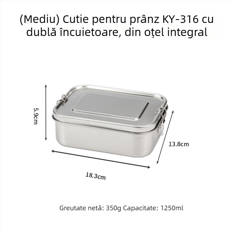 Cutie de prânz din oțel inoxidabil 316, dreptunghiulară, izolată, 800–1000 ml, cu un singur strat