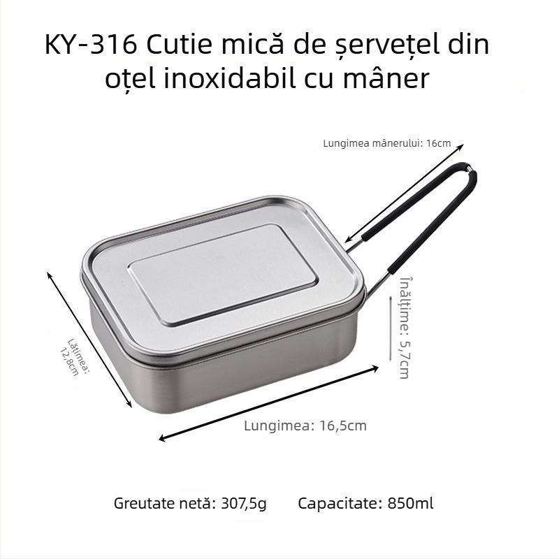 Cutie de prânz din oțel inoxidabil 316, dreptunghiulară, izolată, 800–1000 ml, cu un singur strat
