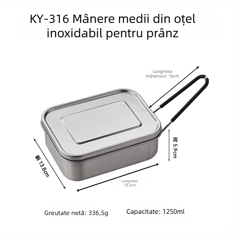 Cutie de prânz din oțel inoxidabil 316, dreptunghiulară, izolată, 800–1000 ml, cu un singur strat