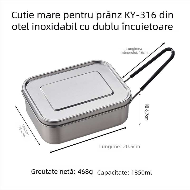Cutie de prânz din oțel inoxidabil 316, dreptunghiulară, izolată, 800–1000 ml, cu un singur strat