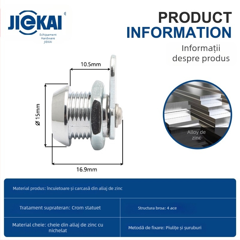 Cilindru de încuire JK303, modificare antifurt pentru uși, aliaj de zinc, deschidere Ø12 mm, pentru dulapuri și cutii