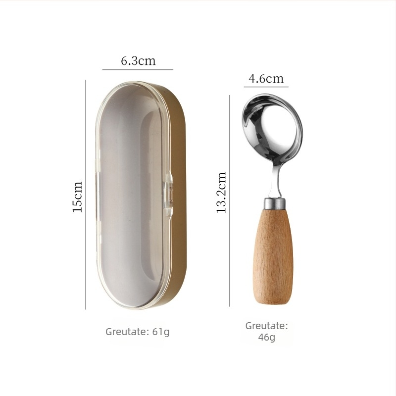 Linguriță pentru hrănire cu mâner din lemn, oțel inoxidabil 316L, bol rotund, design minimalist modern