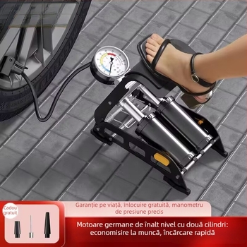 Pompă pedală pentru biciclete, model 2236, construcție din fier, 160 psi, pompă orizontală acționată de picior