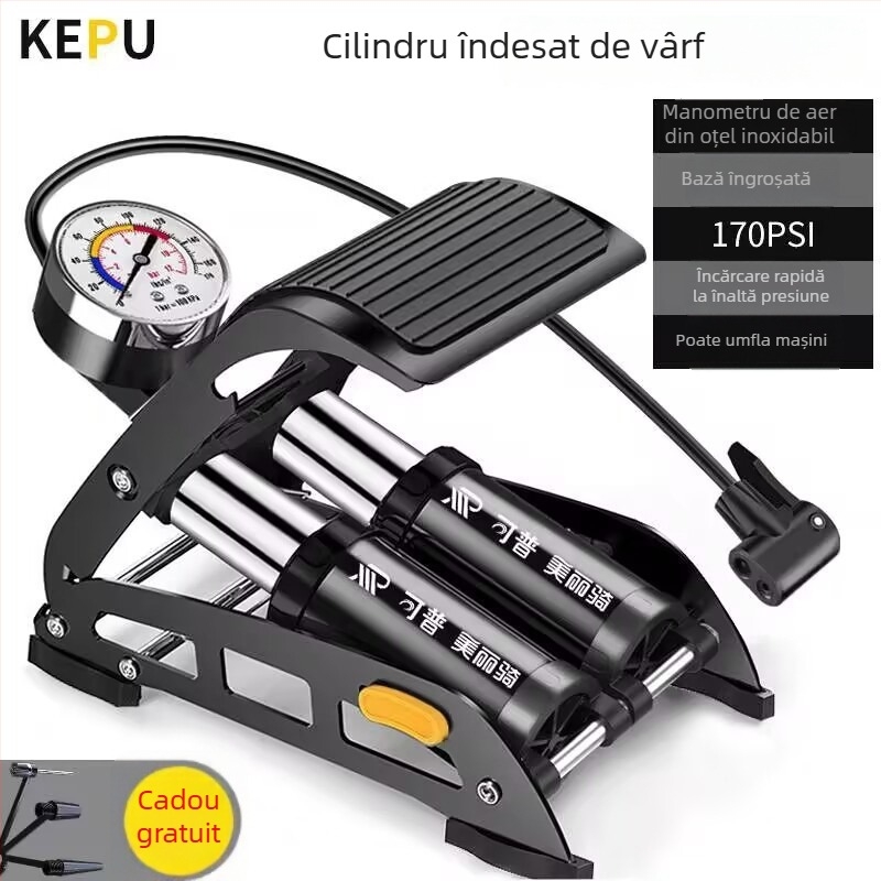 Pompă pedală pentru biciclete, model 2236, construcție din fier, 160 psi, pompă orizontală acționată de picior