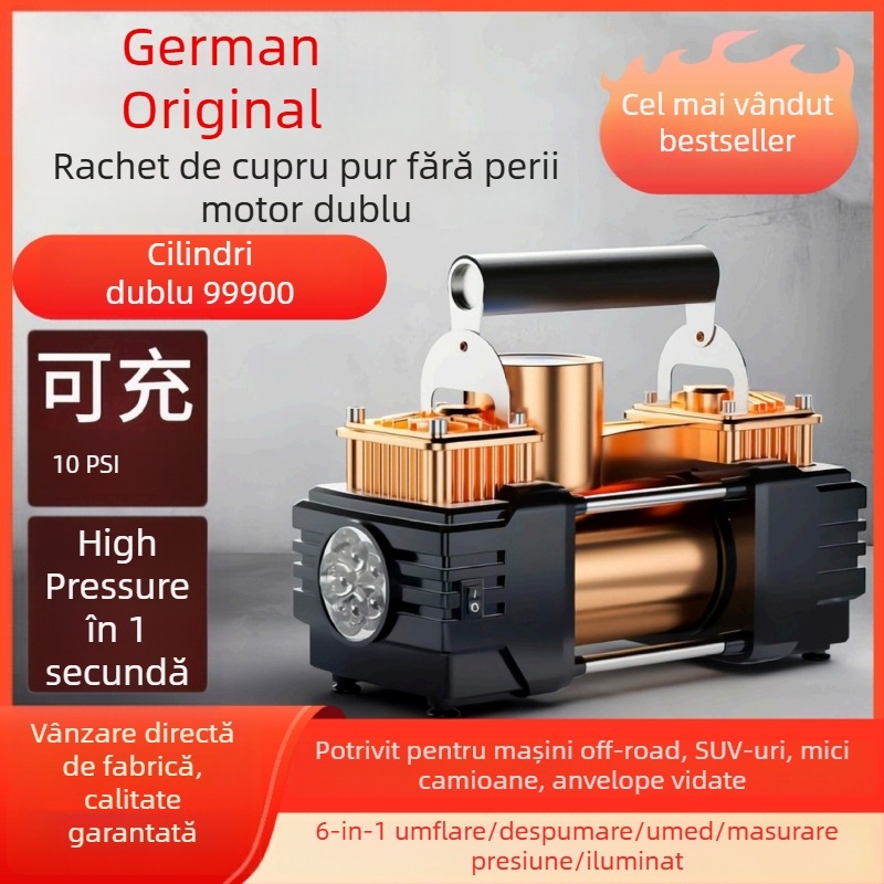 Umflător auto cu două cilindri, 12V, baterie reîncărcabilă, afișaj LCD