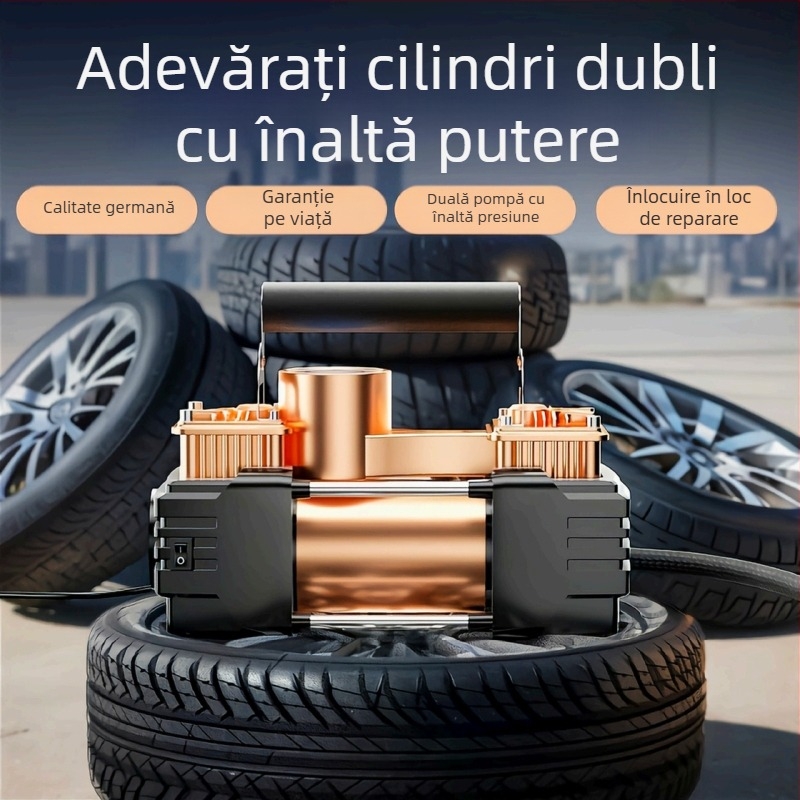 Umflător auto cu două cilindri, 12V, baterie reîncărcabilă, afișaj LCD