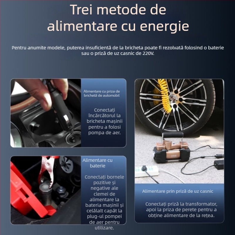 Umflător auto cu două cilindri, 12V, baterie reîncărcabilă, afișaj LCD