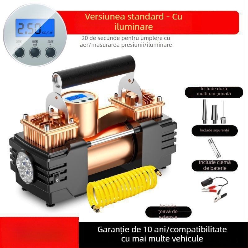 Umflător auto cu două cilindri, 12V, baterie reîncărcabilă, afișaj LCD