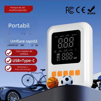 Pompa de aer pentru mașină cu afișaj digital, iluminare și încărcare USB; debit de aer 50 L/min, 80W