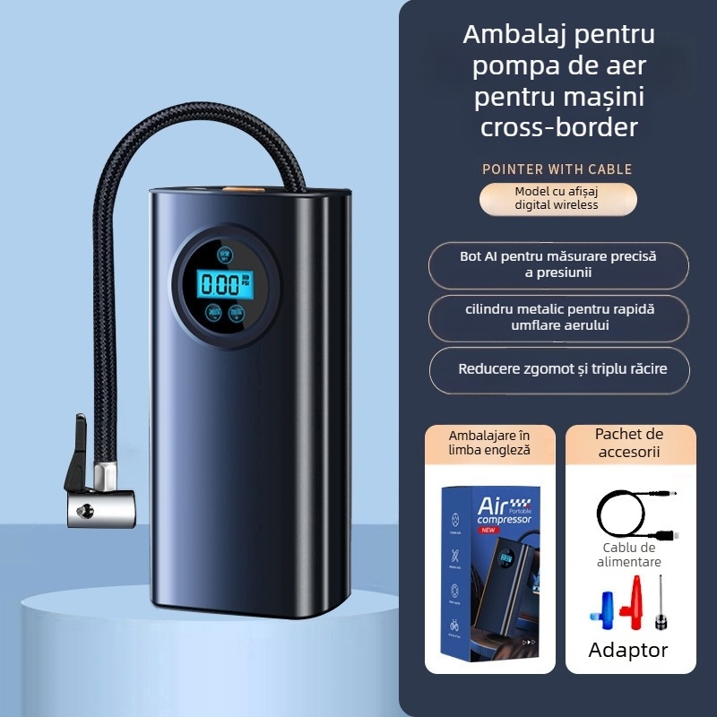 Pompa de aer pentru mașină cu afișaj digital, iluminare și încărcare USB; debit de aer 50 L/min, 80W