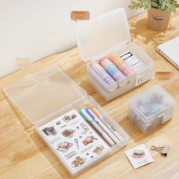 Cutie de depozitare pentru carduri – material PP, transparent-mat, cu capac și compartimente, poate fi stivuită; pentru organizarea telecomenzilor, bijuteriilor, rechizitelor, telefoanelor și cosmeticelor; model 4753-1a; stil japonez