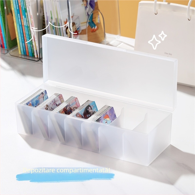 Cutie de depozitare pentru carduri – material PP, transparent-mat, cu capac și compartimente, poate fi stivuită; pentru organizarea telecomenzilor, bijuteriilor, rechizitelor, telefoanelor și cosmeticelor; model 4753-1a; stil japonez