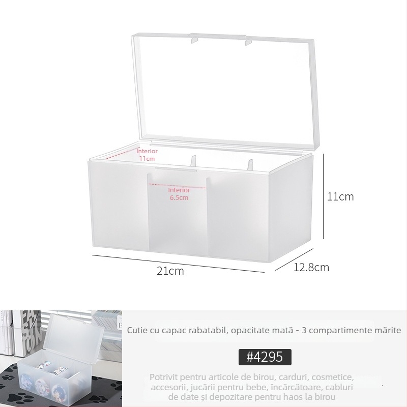 Cutie de depozitare pentru carduri – material PP, transparent-mat, cu capac și compartimente, poate fi stivuită; pentru organizarea telecomenzilor, bijuteriilor, rechizitelor, telefoanelor și cosmeticelor; model 4753-1a; stil japonez